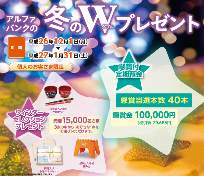 アルファバンクの冬のW(ダブル)プレゼント　期間：平成23年12月1日（木）▶平成24年1月31日（火）
