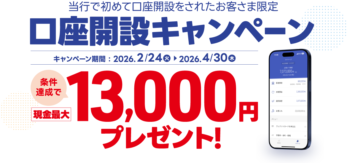 当行で初めて口座開設をされたお客さま限定 口座開設キャンペーン 条件達成で現金最大13,000円プレゼント！ キャンペーン期間：2026年2月24日(火)から2026年4月30日(木)