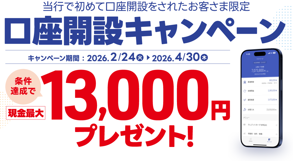 当行で初めて口座開設をされたお客さま限定 口座開設キャンペーン 条件達成で現金最大13,000円プレゼント！ キャンペーン期間：2026年2月24日(火)から2026年4月30日(木)
