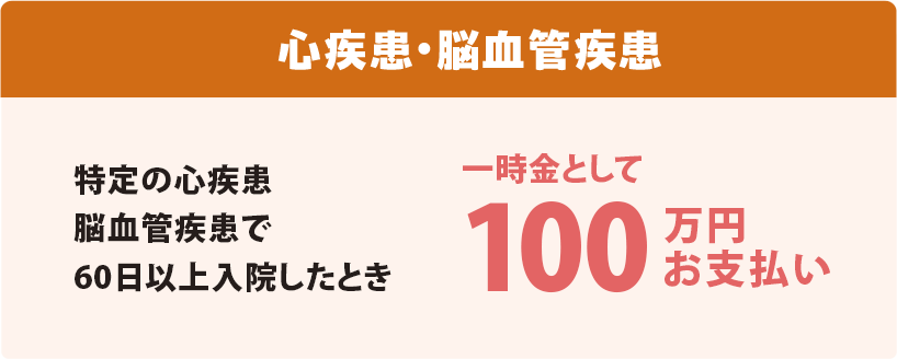 心疾患・脳血管疾患 特定の心疾患 脳血管疾患で60日以上入院したとき 一時金として100万円お支払い