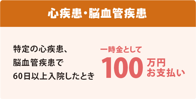 心疾患・脳血管疾患 特定の心疾患 脳血管疾患で60日以上入院したとき 一時金として100万円お支払い