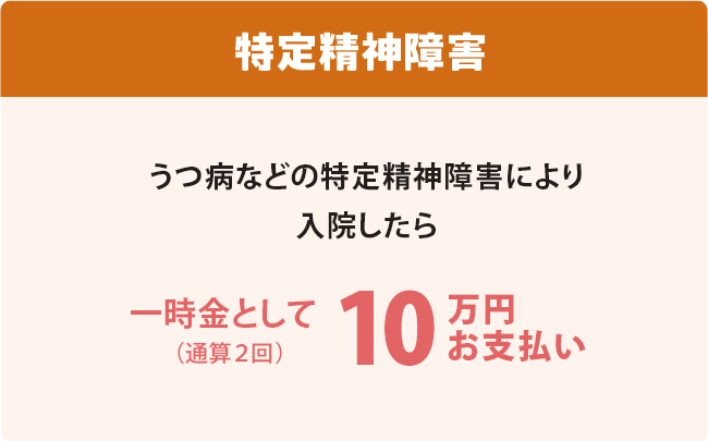 特定精神障害 うつ病などの特定精神障害により入院したら 一時金として10万円お支払い（通算2回）