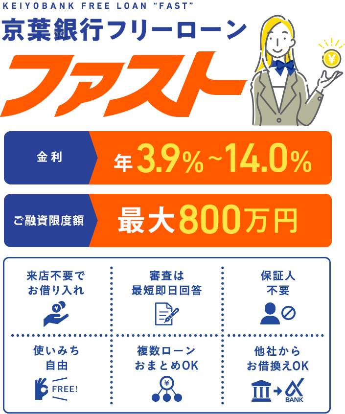 KEIYOBANK FREE LOAN "FAST" 京葉銀行フリーローン ファスト Web完結契約限定金利割引キャンペーン2025年3月31日まで 金利　年1.7％～14.0％　ご融資限度額　最大800万円来店不要でお借入れ 審査は最短即日回答 保証人不要 使いみち自由 FREE! 複数ローンおまとめOK 他社からお借換えOK