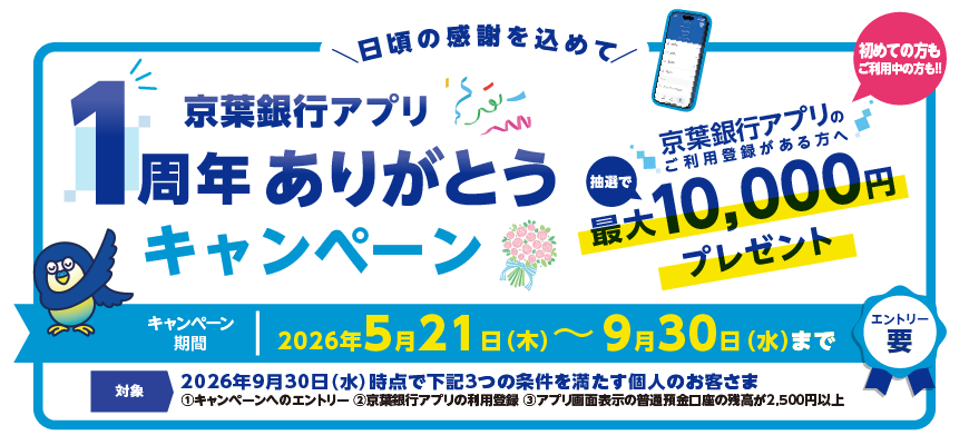 日頃の感謝を込めて「京葉銀行アプリ1周年ありがとうキャンペーン」京葉銀行アプリのご利用登録がある方へ抽選で最大10,000円プレゼント！キャンペーン期間：2026年5月21日（木）～9月30日（水）まで　対象：2026年9月30日（水）時点で次の3つの条件を満たす個人のお客さま　①キャンペーンへのエントリー②京葉銀行アプリの利用登録③アプリ画面表示の普通預金口座の残高が2,500円以上