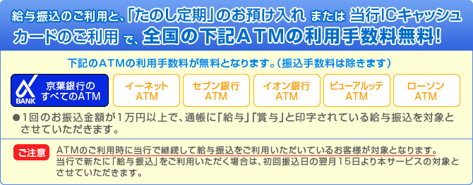 給与振込のご利用と、「たのし定期」のお預け入れまたは当行ICキャッシュカードのご利用で、全国の下記ATMの利用手数料無料！